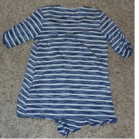 Womens Top AB Studio Blue White Striped Medium Short Sleeve V-Neck Layered Front - Picture 4 of 4